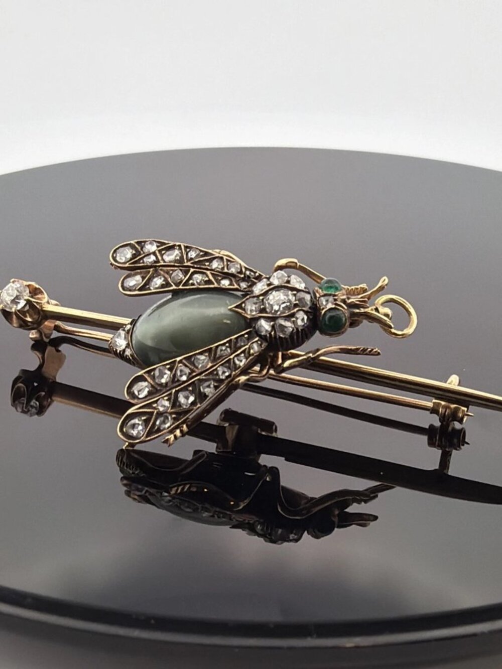 Antique Victorian Bee Brooch 14K Gold & Silver Diamond Emerald Cats Eye Quartz - Picture 7 of 13